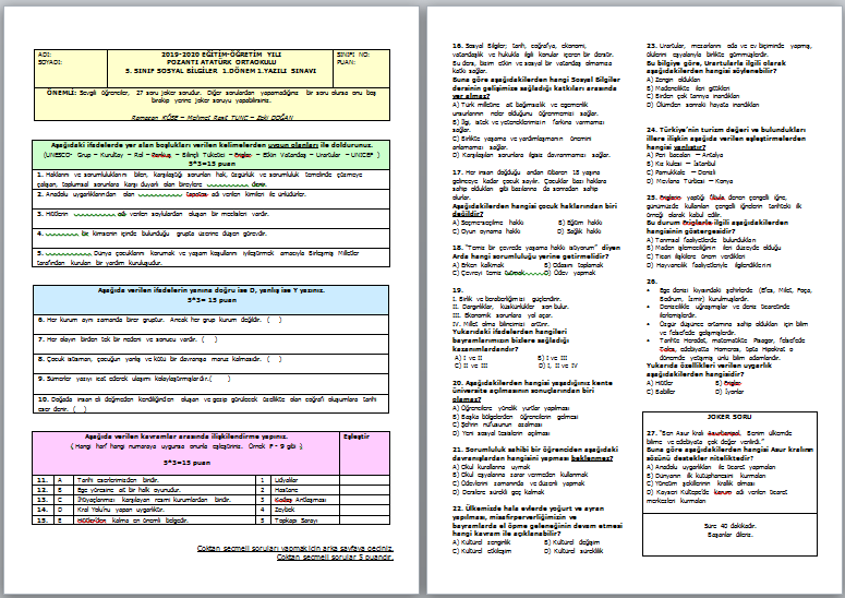 2019-2020 5.Sınıf Sosyal Bilgiler 1.Dönem 1.Yazılı Sınavı