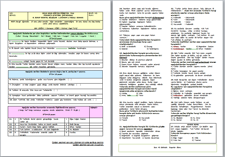 2019-2020 6.Sınıf Sosyal Bilgiler 1.Dönem 1.Yazılı Sınavı