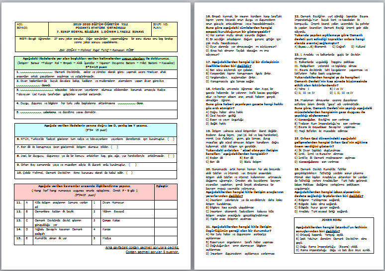 2019-2020 7.Sınıf Sosyal Bilgiler 1.Dönem 1.Yazılı Sınavı