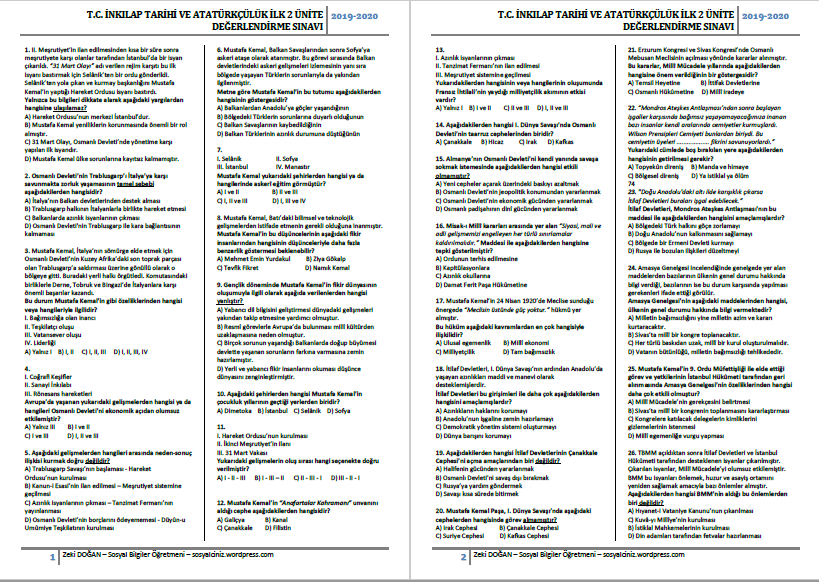 8.Sınıf T.C. İnkılap Tarihi İlk 2 Ünite Değerlendirme Sınavı