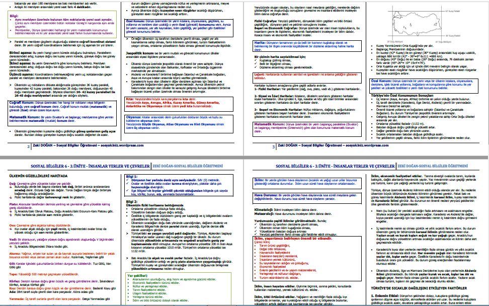 6.Sınıf Sosyal Bilgiler 3.Ünite İnsanlar Yerler ve Çevreler Ders Notları
