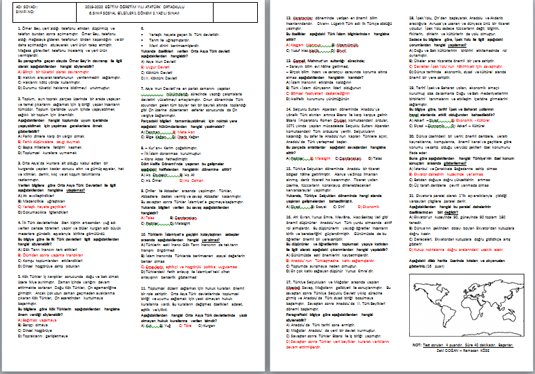 2019-2020 6.Sınıf Sosyal Bilgiler 1.Dönem 2.Yazılı Sınavı