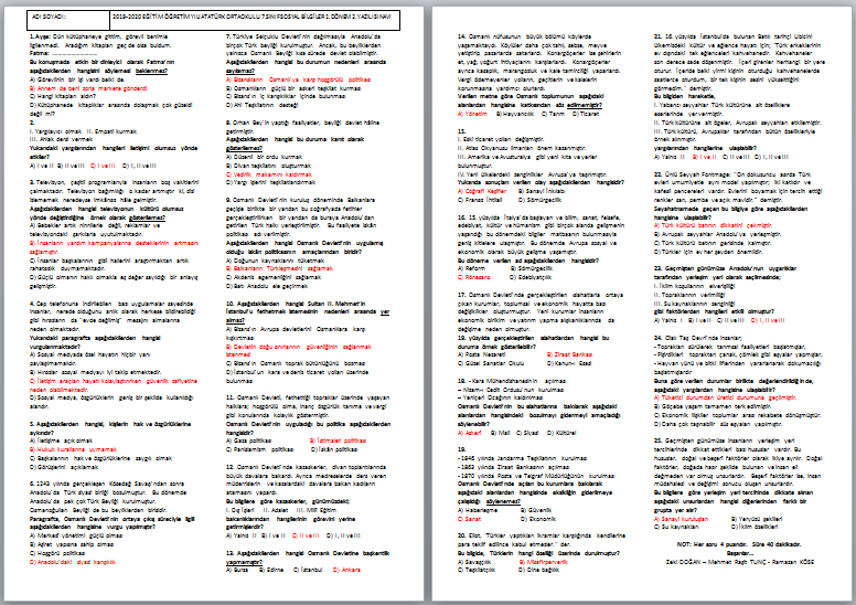 2019-2020 7.Sınıf Sosyal Bilgiler 1.Dönem 2.Yazılı Sınavı