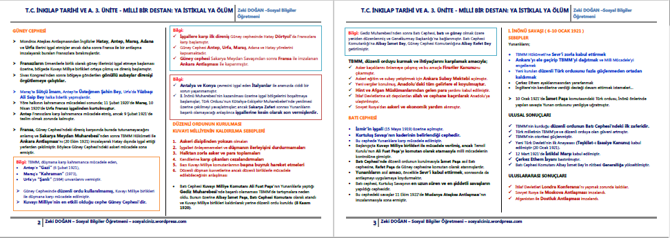T.C. İnkılap Tarihi ve Atatürkçülük 3.Ünite Ya İstiklal Ya Ölüm Ders Notu