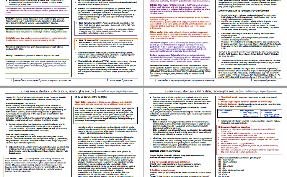 6.Sınıf Sosyal Bilgiler 4.Ünite Bilim Teknoloji ve Toplum Ders Notları