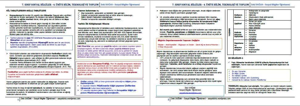 7.Sınıf Sosyal Bilgiler 4.Ünite Bilim, Teknoloji ve Toplum Ünitesi Ders Notları