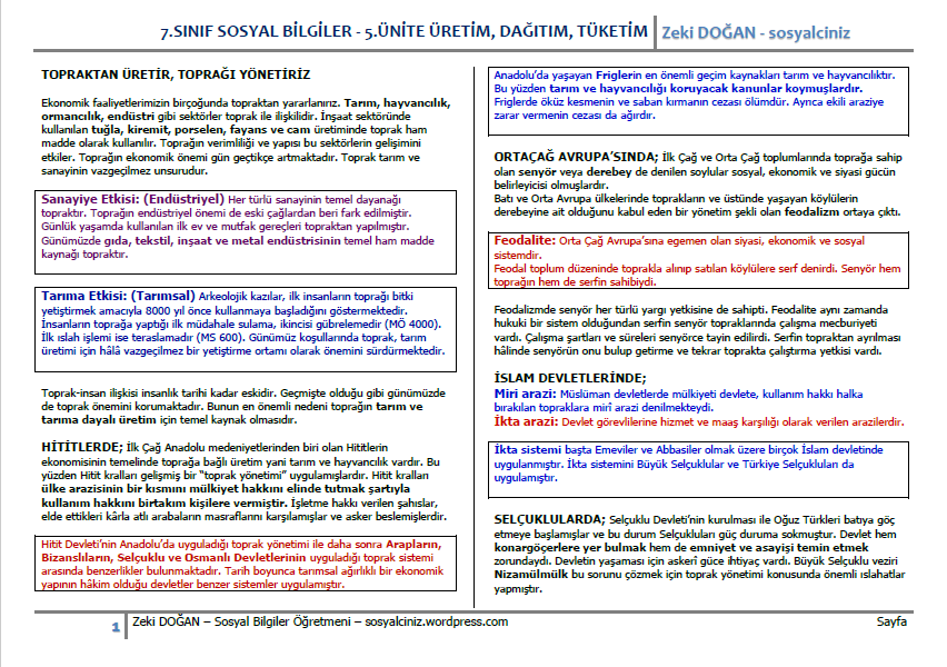 7.Sınıf Sosyal Bilgiler 5.Ünite Üretim, Dağıtım ve Tüketim Ders Notu