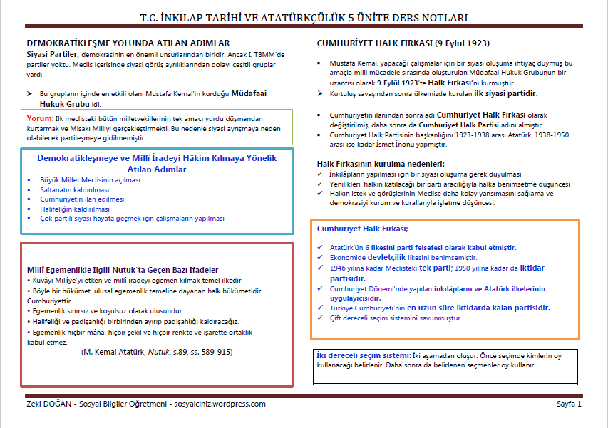 T.C. İnkılap Tarihi ve Atatürkçülük 5.Ünite Demokratikleşme Yolunda Atılan Adımlar