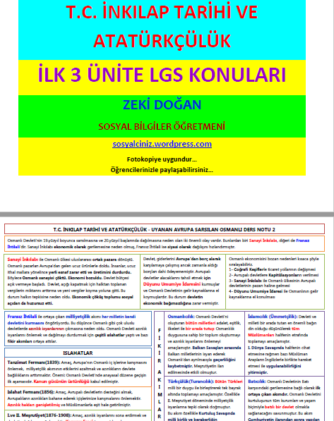 T.C. İnkılap Tarihi İlk 3 Ünite LGS Ders Notları