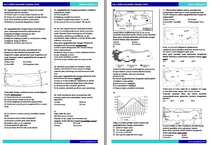 6. Sınıf Sosyal Bilgiler İlk 3 Ünite Kazanım Tarama Testi
