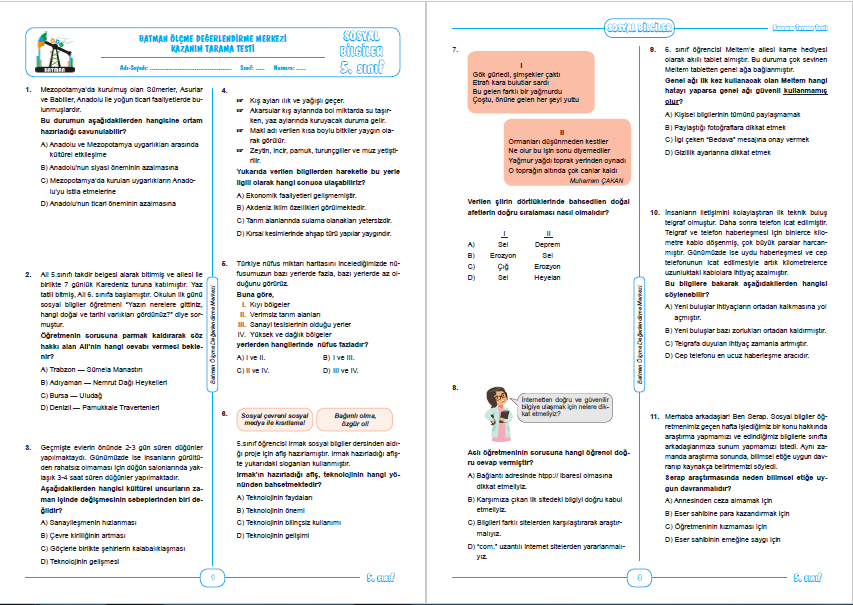Batman MEM Sosyal Bilgiler 5-6-7 Kazanım Değerlendirme Testleri