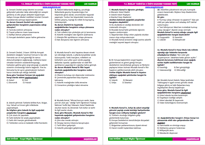 T. C. İnkılap Tarihi İlk 3 Ünite Kazanım Kavrama Testi-48 Soru
