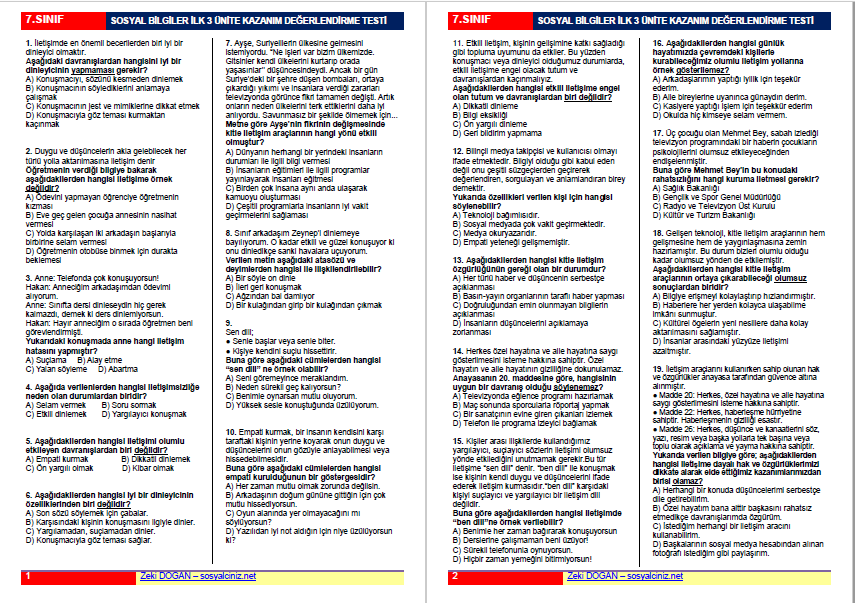 7. Sınıf Sosyal Bilgiler İlk 3 Ünite Kazanım Tarama Testi