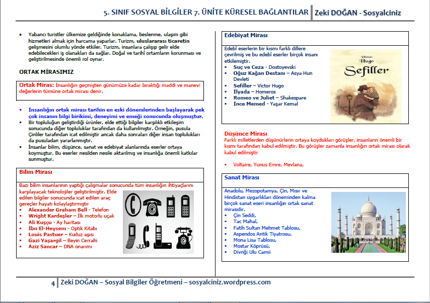 5. Sınıf Sosyal Bilgiler 7. Ünite Küresel Bağlantılar Ders Notu