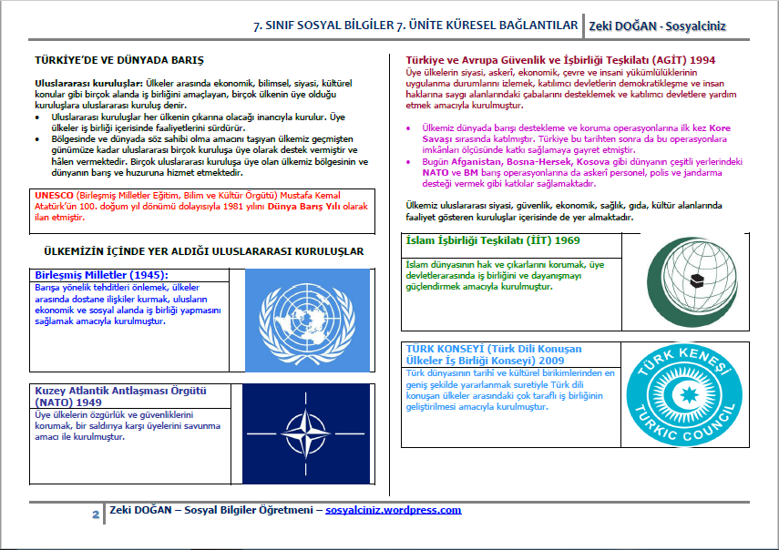 7.Sınıf Sosyal Bilgiler 7. Ünite Küresel Bağlantılar Ders Notu