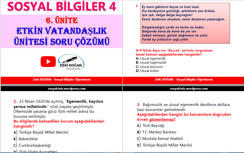 4.Sınıf Sosyal Bilgiler Telafi Eğitimi 6.Ünite Değerlendirme Testi