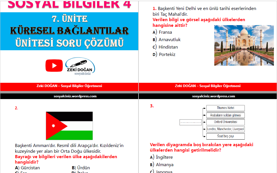 4.Sınıf Sosyal Bilgiler Telafi Eğitimi 7.Ünite Değerlendirme Testi