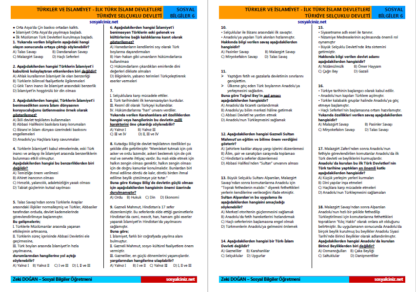 Türkler ve İslamiyet-İlk Türk İslam Devletleri-Türkiye Selçuklu Devleti Test