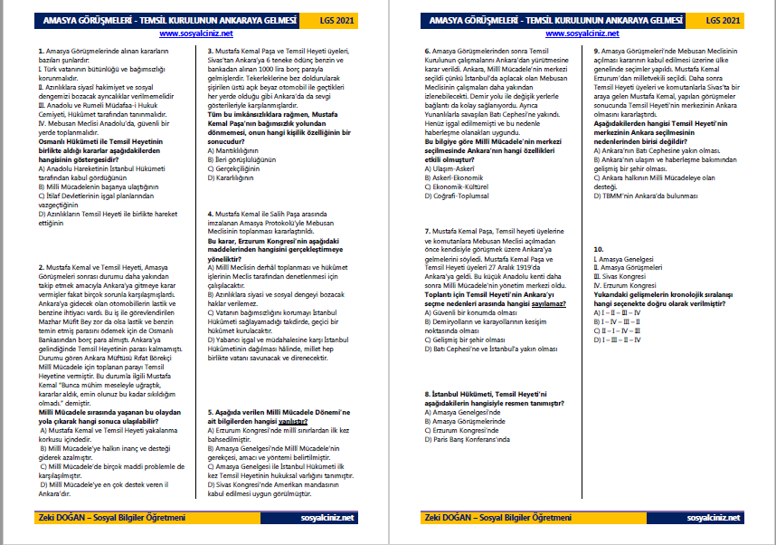 Amasya Görüşmeleri ve Temsil Kurulu’nun Ankara’ya Gelişi Kazanım Testi