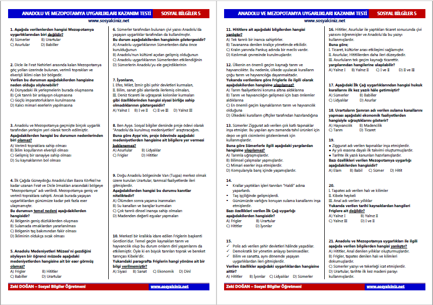 Anadolu ve Mezopotamya Uygarlıkları Test