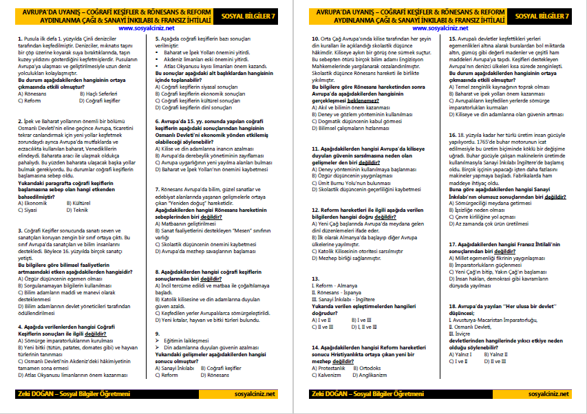 Sosyal Bilgiler 7 Avrupa’da Uyanış Kazanım Tarama Testi