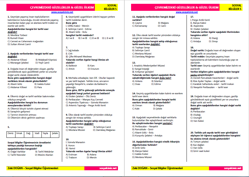 Çevremizdeki Güzellikler & Güzel Ülkem Kazanım Tarama Testi
