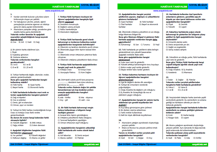 Sosyal Bilgiler 5 Haritayı Tanıyorum Kazanım Tarama Testi