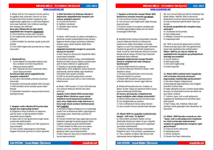 Misakı Milli’nin İlanı Kazanım Tarama Testi