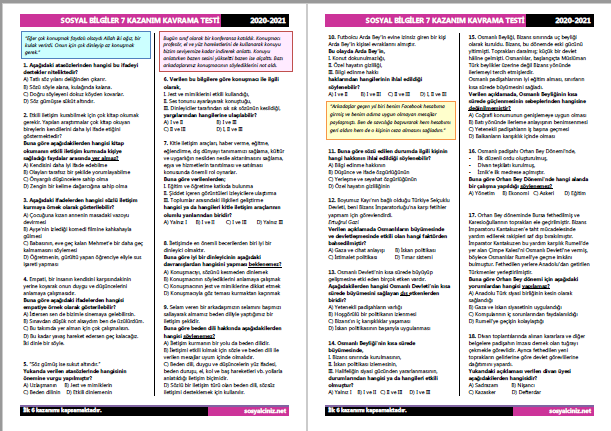 Sosyal Bilgiler 7 İlk 2 Ünite Tarama Testi