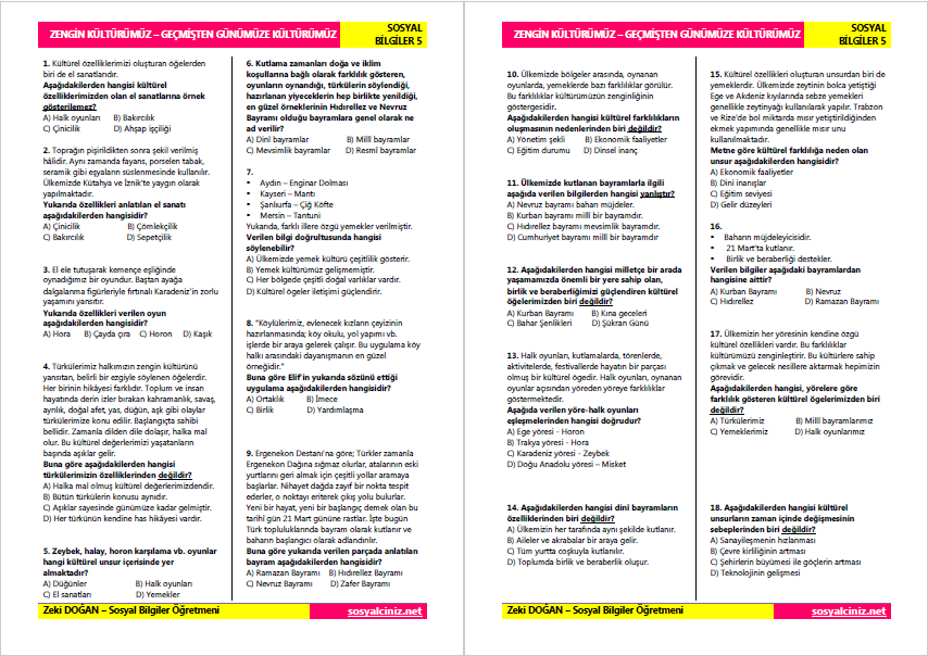 Zengin Kültürümüz – Geçmişten Günümüze Kültürümüz Kazanım Tarama Testi
