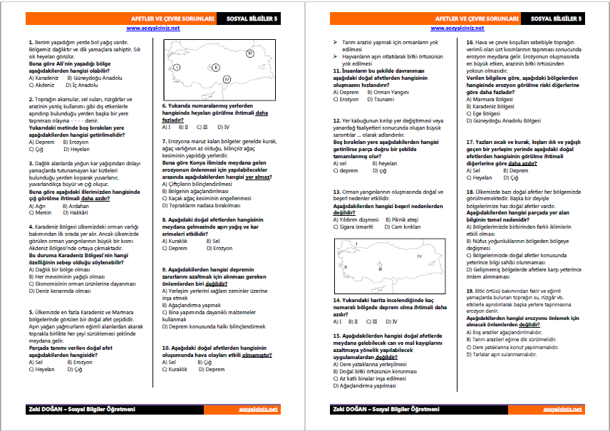 Sosyal Bilgiler 5 Afetler ve Çevre Sorunları Tarama Testi