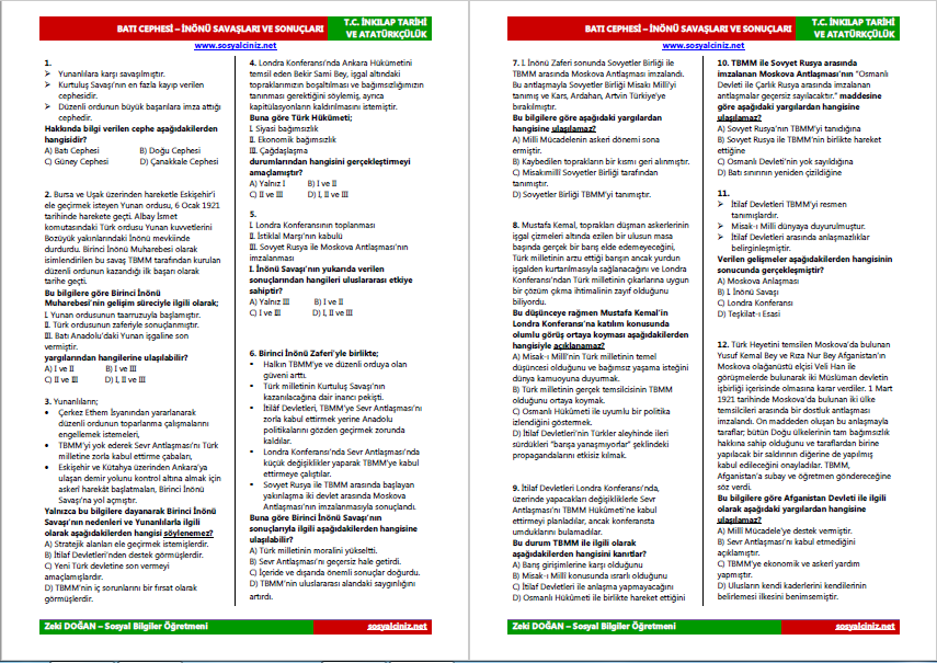 Batı Cephesi İnönü Savaşları ve Sonuçları Tarama Testi