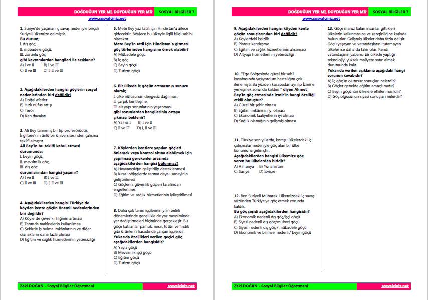 Sosyal Bilgiler 7 Doğduğun Yer Mi Doyduğun Yer Mi-Göçler Tarama Testi