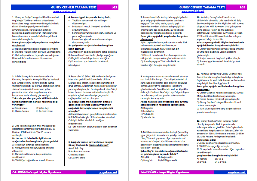 Güney Cephesi Konu Tarama Testi