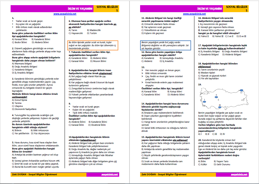 Sosyal Bilgiler 5 İklim ve Yaşamım Konu Tarama Testi