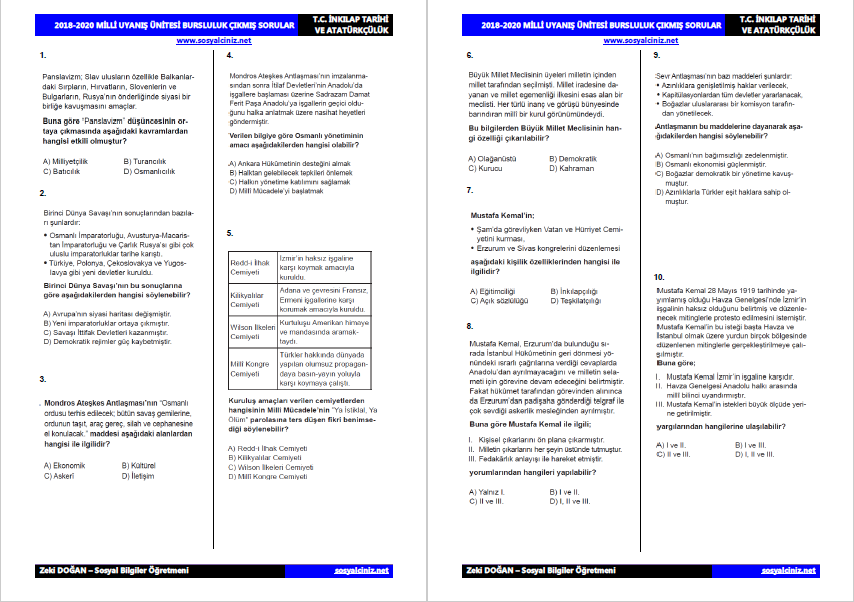 T.C. İnkılap Tarihi Milli Uyanış Ünitesi Bursluluk Çıkmış Sorular
