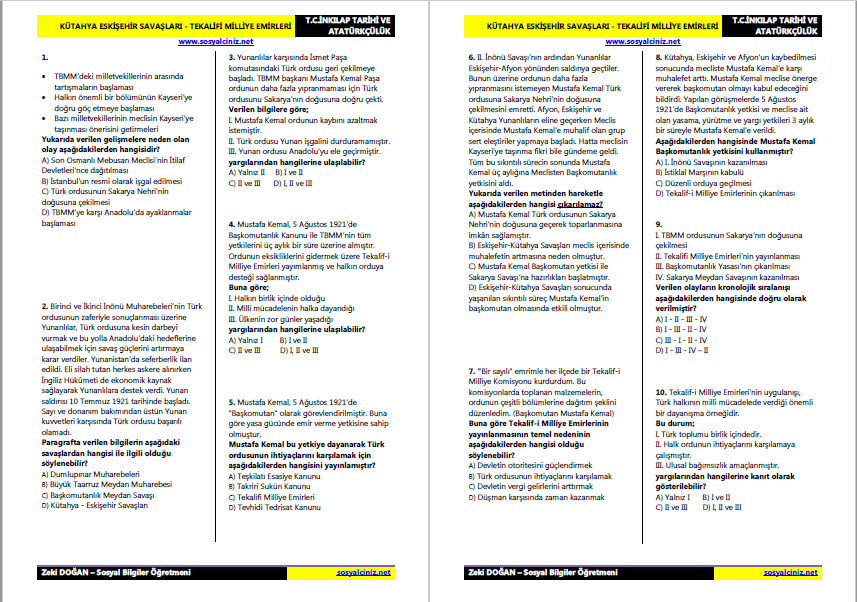 Kütahya-Eskişehir Savaşları Tekalifi Milliye Emirleri Tarama Testi