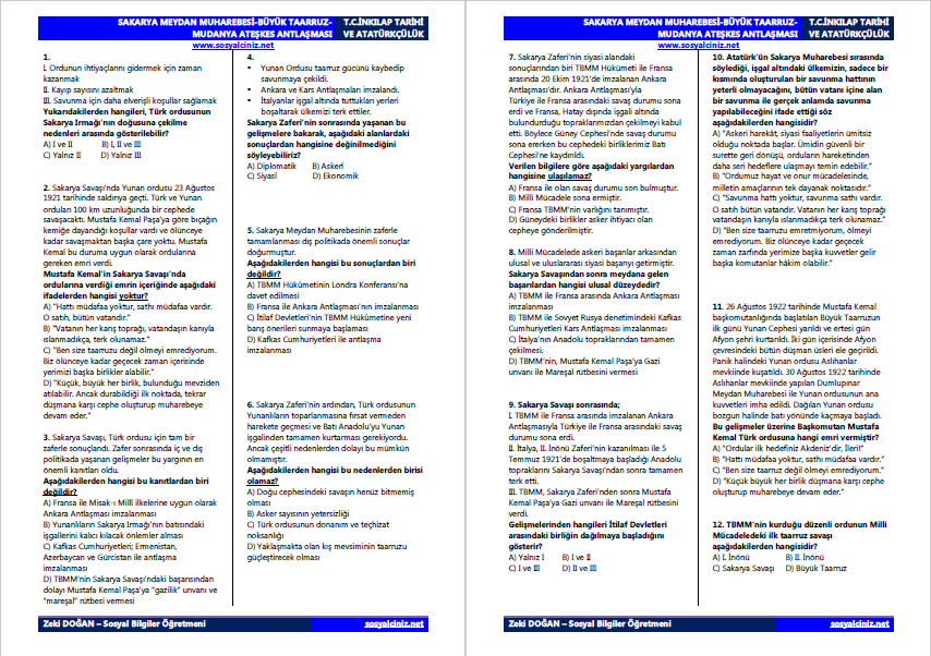 Sakarya Meydan Savaşı-Büyük Taarruz-Mudanya Ateşkes Antlaşması Tarama Testi