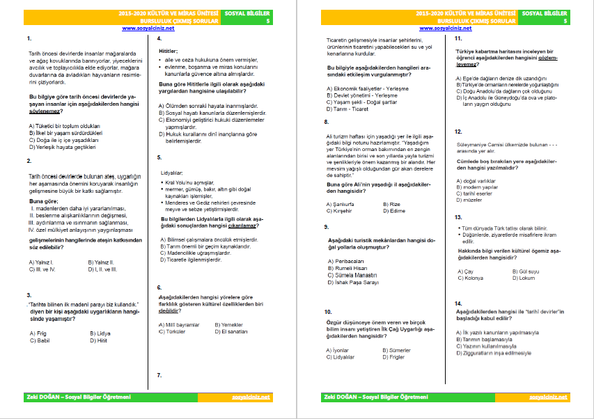 Sosyal Bilgiler 5 Kültür ve Miras Ünitesi Bursluluk Çıkmış Sorular