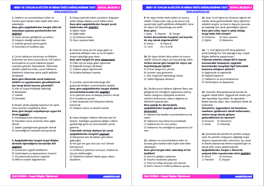 Sosyal Bilgiler 5 Birey ve Toplum-Kültür ve Miras Ünitesi Değerlendirme Testi