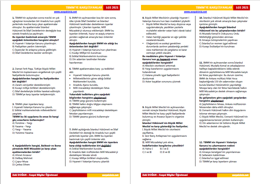 TBMM’ye Karşı Ayaklanmalar Konu Tarama Testi