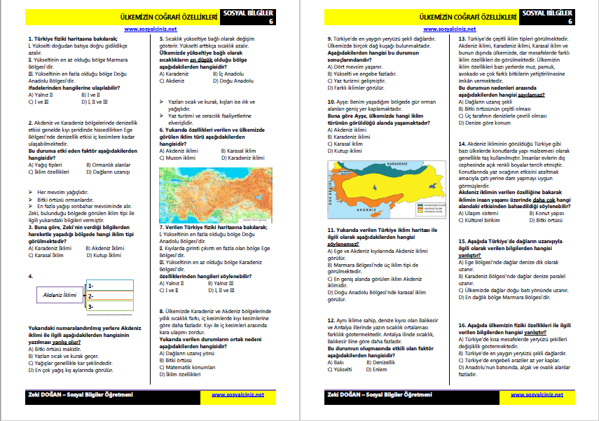 Ülkemizin Coğrafi Özellikleri Test