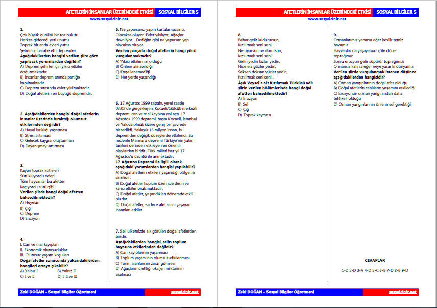 Afetlerin İnsan Hayatı Üzerindeki Etkileri Tarama Testi