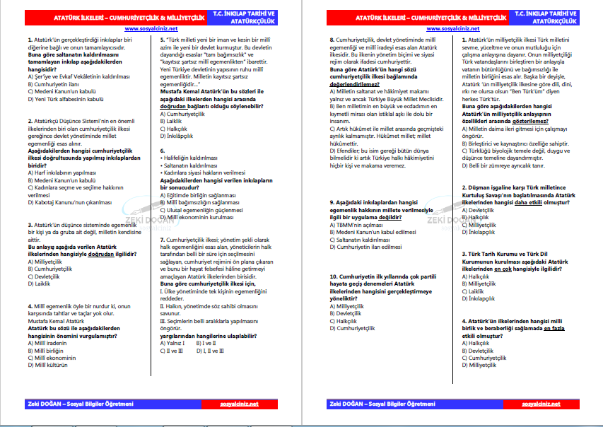 Atatürk İlkeleri-Cumhuriyetçilik & Milliyetçilik Tarama Testi