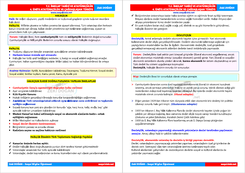 T.C. İnkılap Tarihi 4.Ünite Atatürkçülük ve Çağdaşlaşan Türkiye Ders Notları