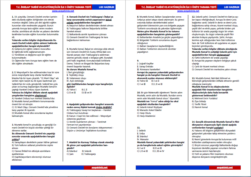 T.C. İnkılap Tarihi ve Atatürkçülük İlk 3 Ünite Tarama Testi