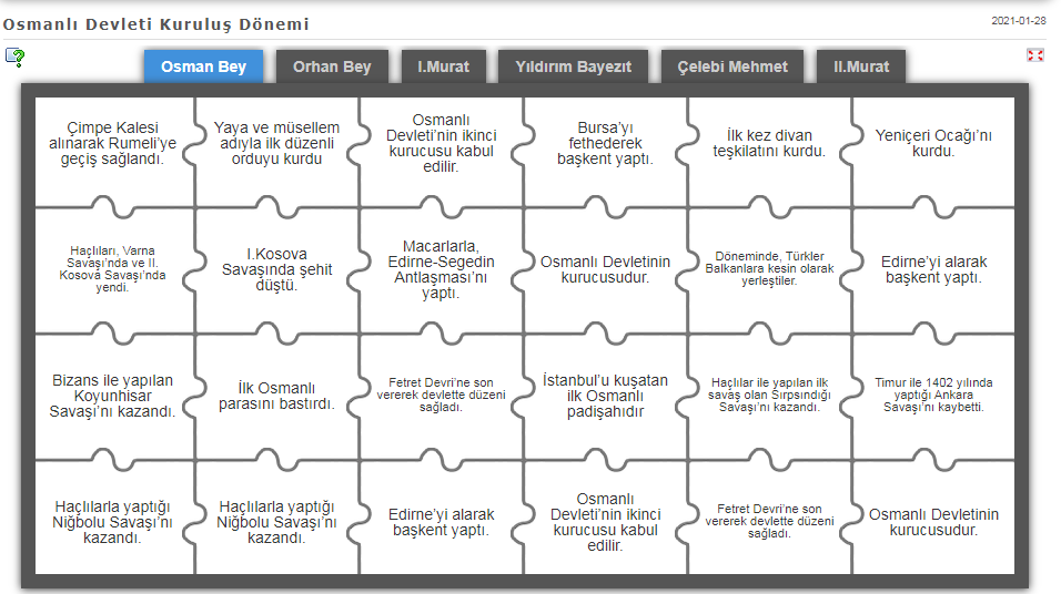 Kuruluş Dönemi Osmanlı Padişahları Yapboz Etkinliği