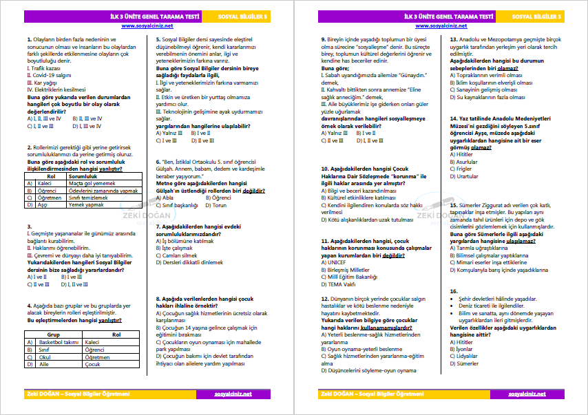 Sosyal Bilgiler 5 İlk 3 Ünite Genel Tarama Testi