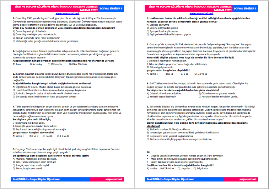 6.Sınıf Sosyal Bilgiler İlk 3 Ünite Tarama Testi