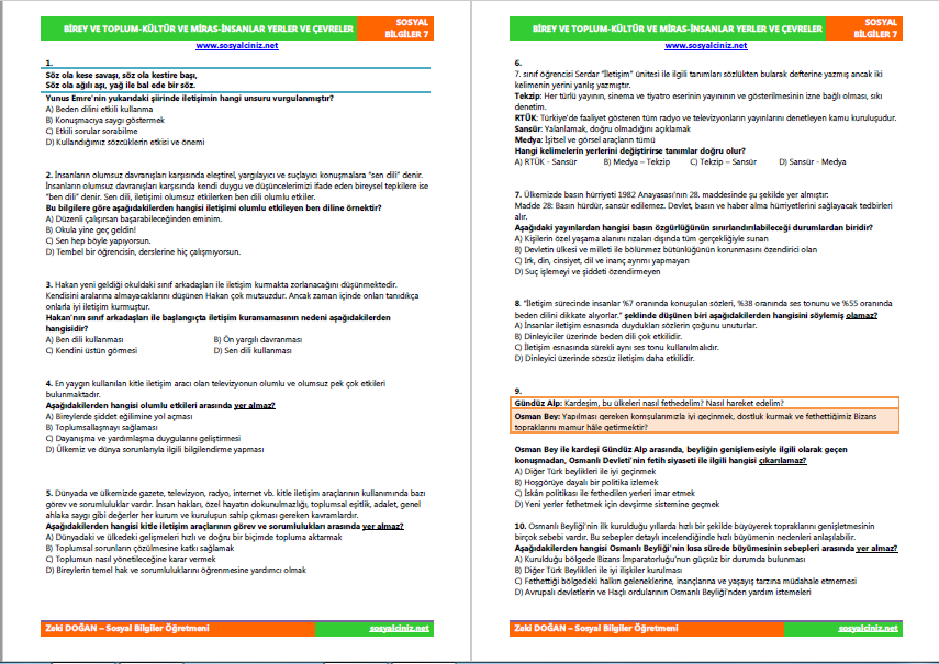 7.Sınıf Sosyal Bilgiler İlk 3 Ünite Tarama Testi